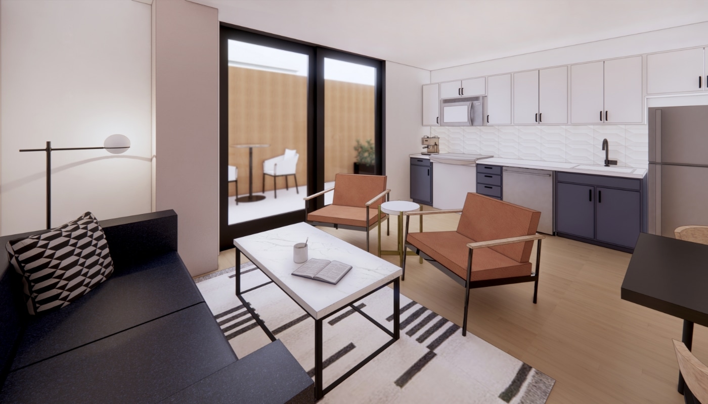 rendering of a living room and kitchenette