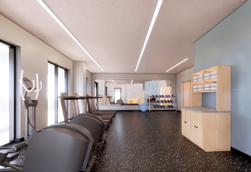 rendering of fitness center and yoga studio