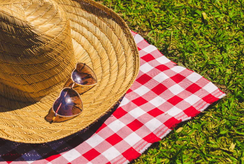 Image is of a straw hat and a pair of heart-shaped sunglasses laying on a red and white gingham picnic blanket in the grass, concept of a guide to the perfect summer in Nashville